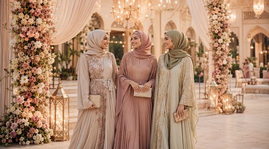 Three elegantly dressed women wearing neutral-toned hijabs and formal gowns at a luxurious floral wedding venue.