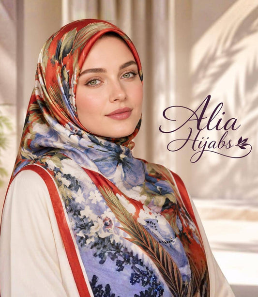 Red/Off-White/Blue Synthetic Silky Fabric Square Hijab