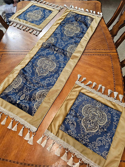 Two Pcs Fancy Navy Blue & Dark Beige End Table Covers With Tassels