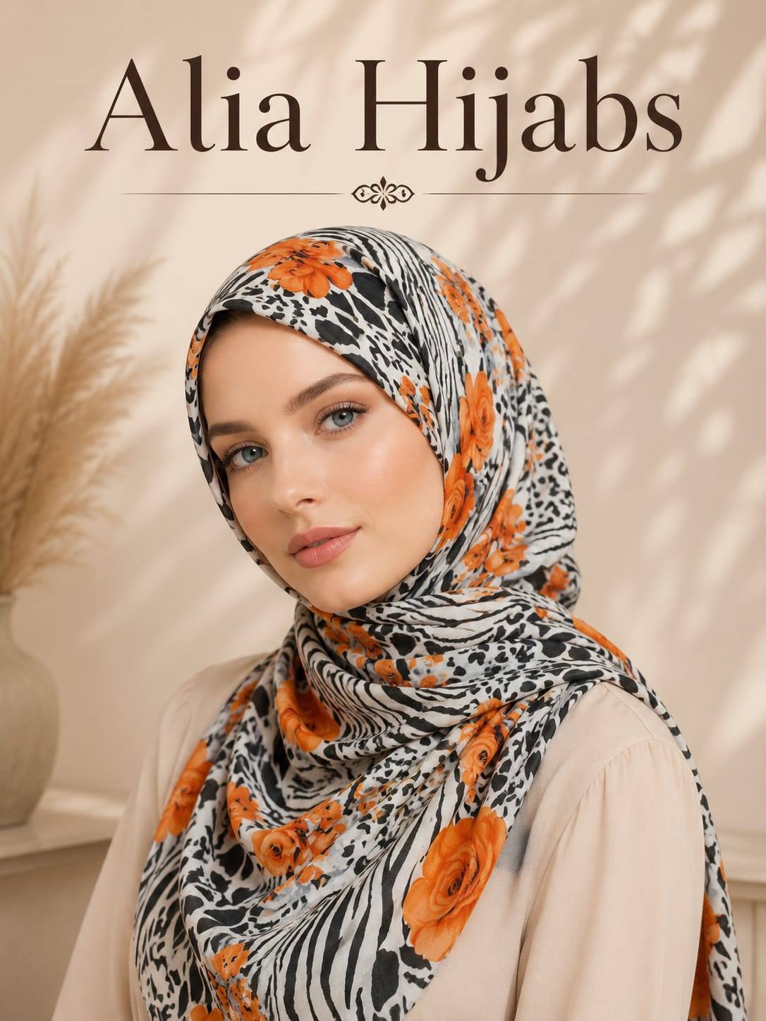 Orange/Black/Off-White Crepe Chiffon Square Hijab/Scarf
