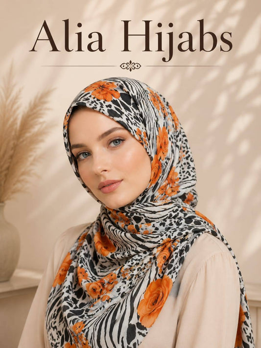 Orange/Black/Off-White Crepe Chiffon Square Hijab/Scarf