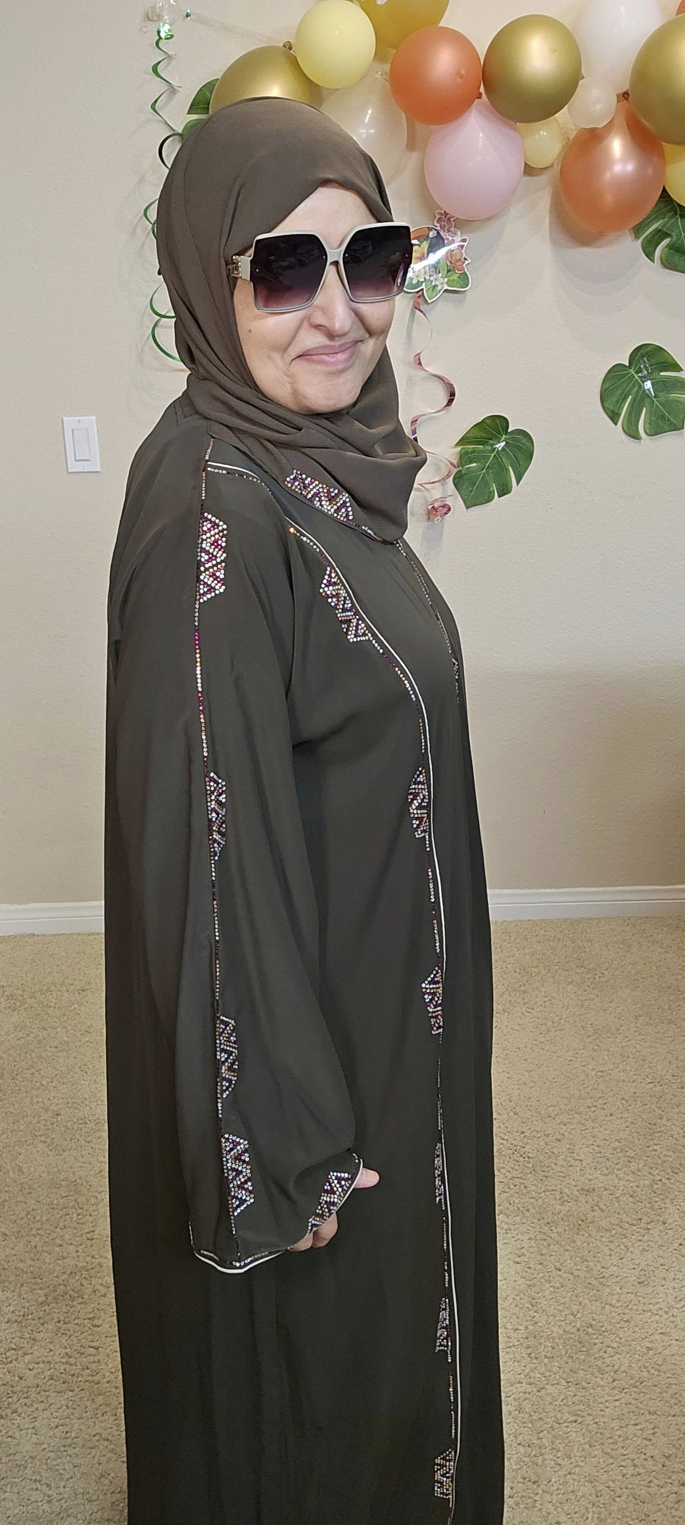 Dark Green With Crystals Abaya With Shawl #6751