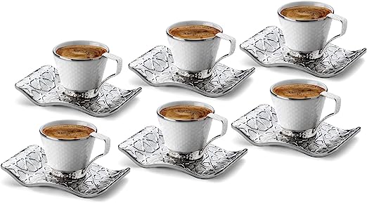 White-Silver Fancy Greek/Turkish Coffee Cups Set of 6