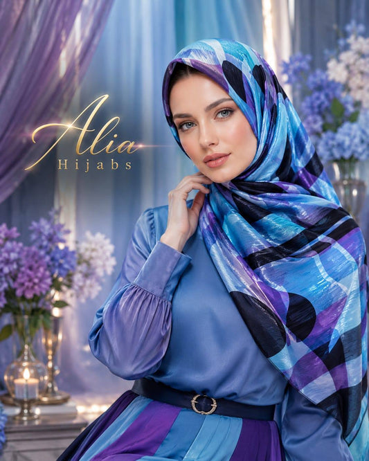 Blue/Purple/Black Satin Stripes & Chiffon Hijab/Scarf