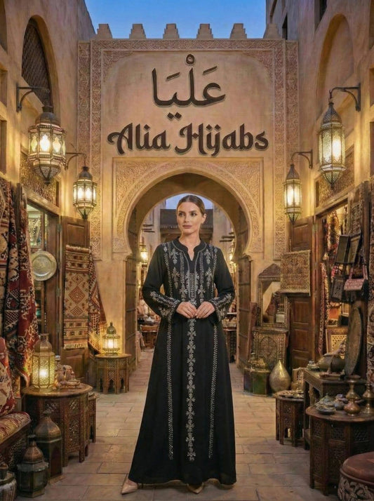 Black Satin & Rhinestones Gabaliya/Dishdasha