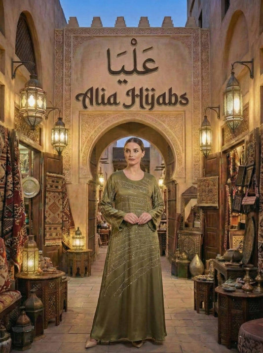 Green Satin & Rhinestones Gabaliya/Dishdasha