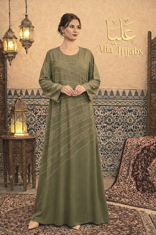Green Satin & Golden Rhinestones