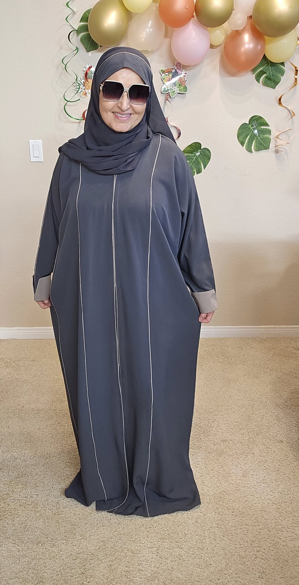 Charcoal Gray & Beige Abaya With Shawl #6752