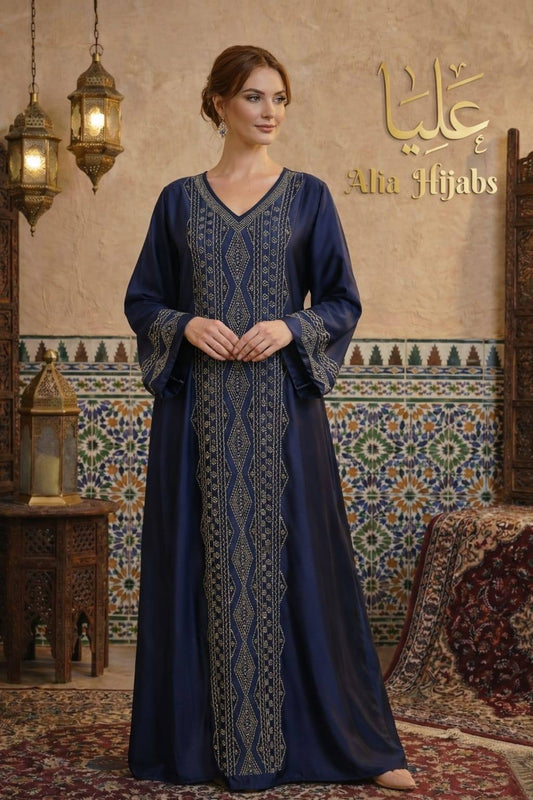 Navy Blue Satin & Rhinestones Gabaliya/Dishdasha