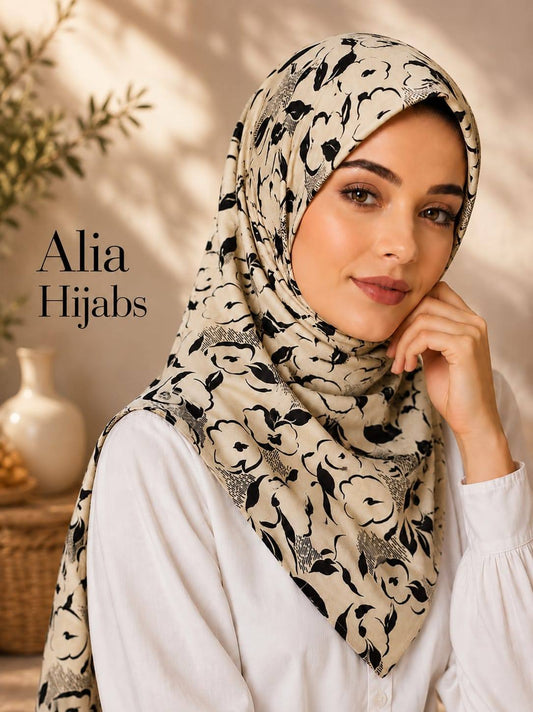 Cream & Black Satin Square Hijab - 21