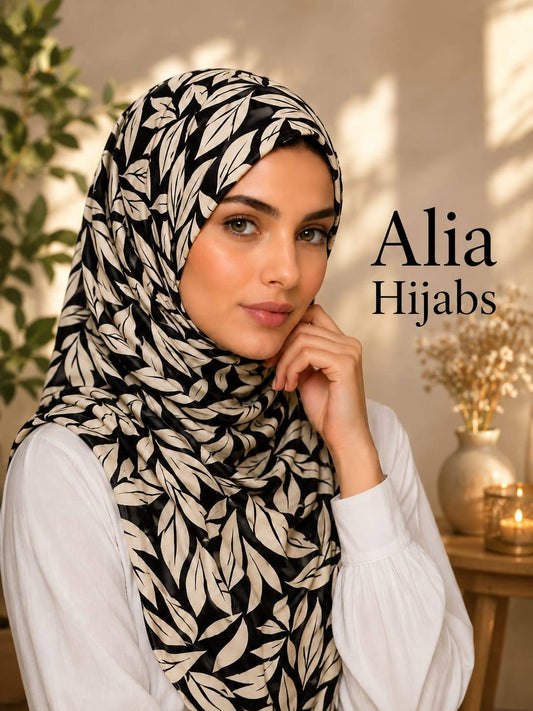 Cream & Black Satin Square Hijab - 22