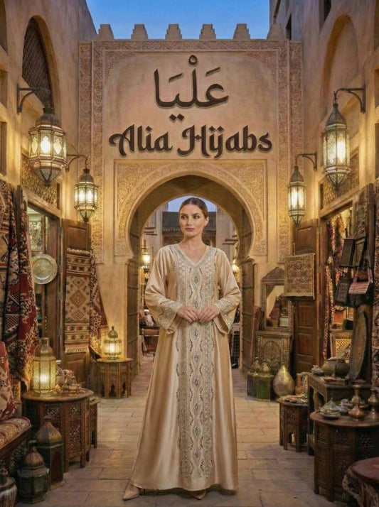 Peach Satin & Rhinestones Gabaliya/Dishdasha