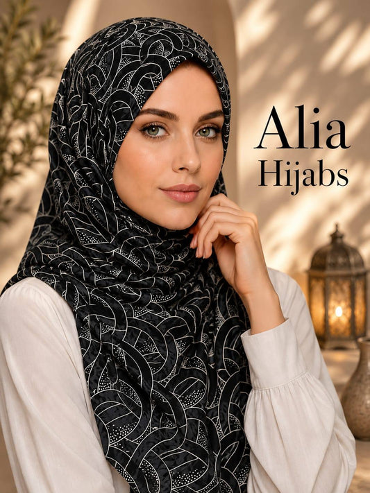 Black & Cream Satin Square Hijab - 23