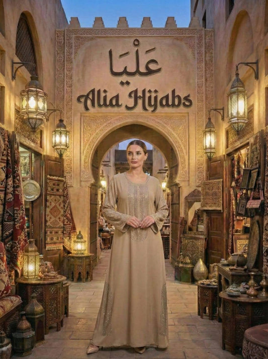 Beige Satin & Rhinestones Gabaliya/Dishdasha