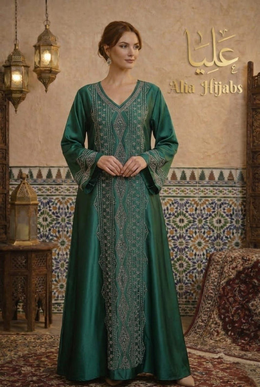 Pine Green Satin & Rhinestones