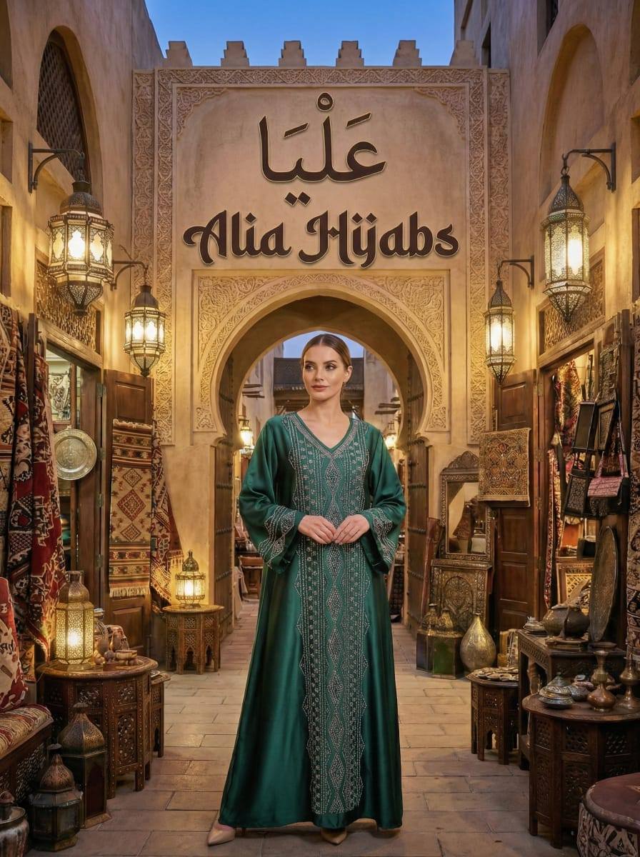 Pine Green Satin & Rhinestones Gabaliya/Dishdasha