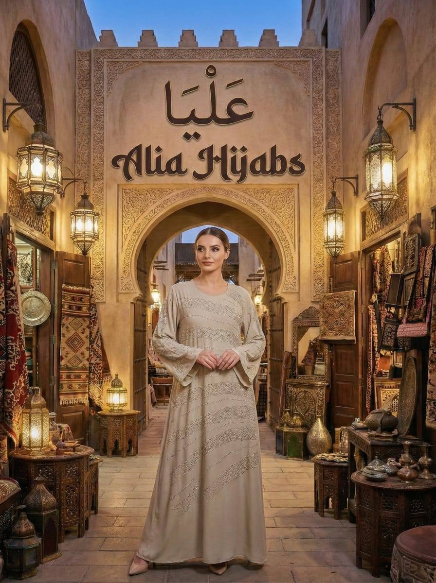 Light Beige Satin & Rhinestones Gabaliya/Dishdasha