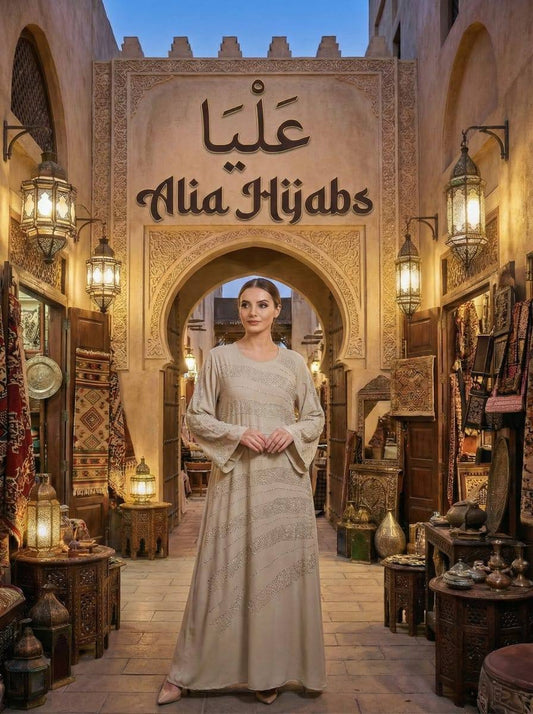 Light Beige Satin & Rhinestones Gabaliya/Dishdasha