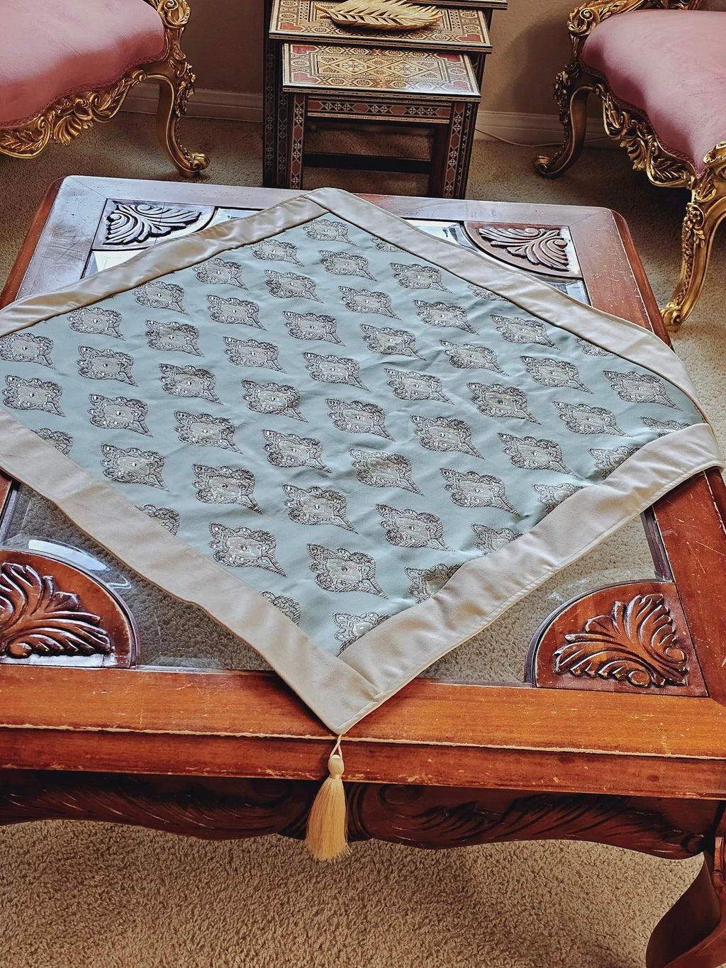 Square Fancy Tablecloth Of Light Turquoise & Light Beige