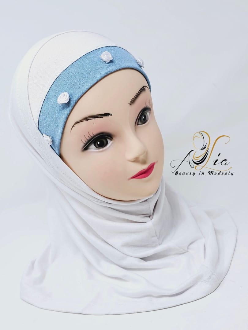 White/Blue Two Piece Flowers Little Girls' Hijab