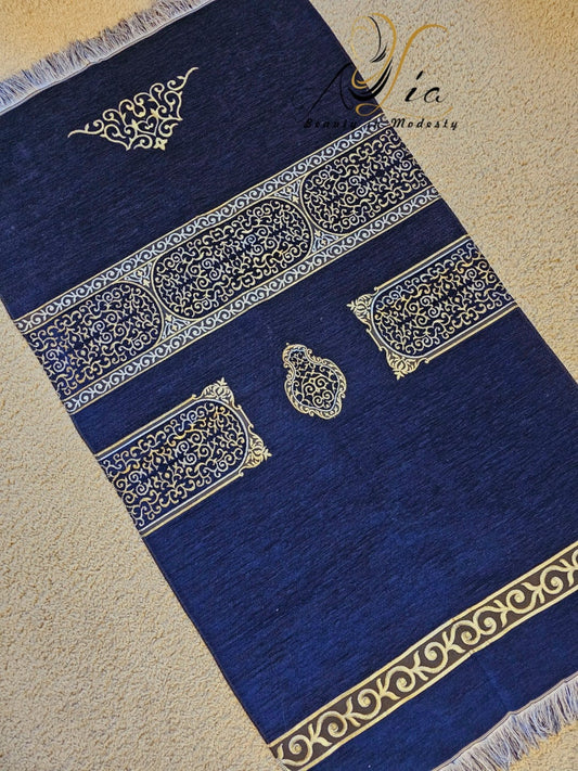 Navy Blue & Gold Thin Islamic Prayer Rug