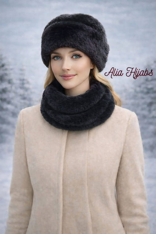 Black Fur Hat & Scarf Set