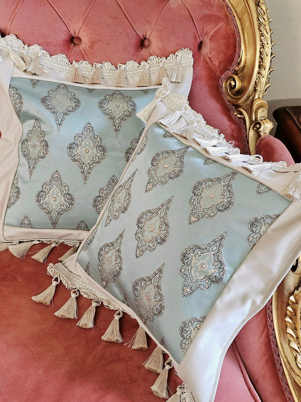 Light Turquoise & Beige Of Two Pcs Fancy Cushion/ End Table Covers With Tassels