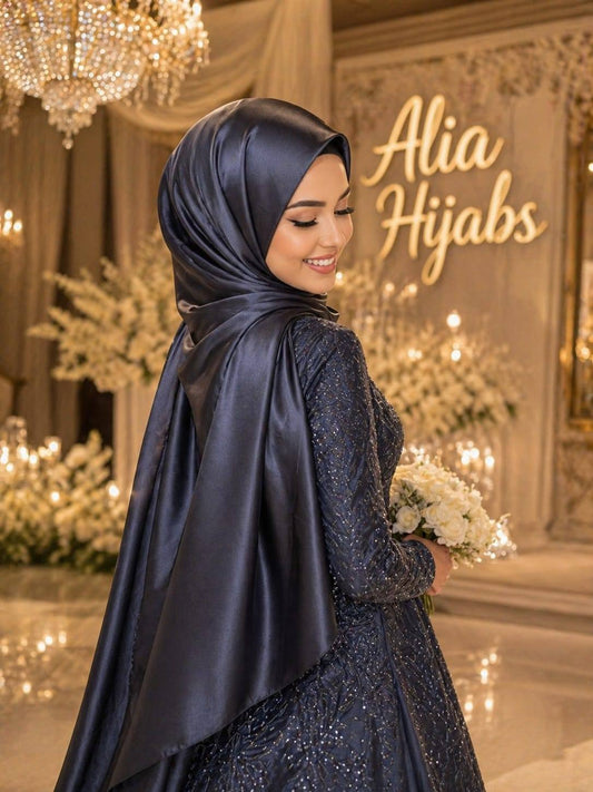 Navy Blue Double Face Plain Satin Shawl