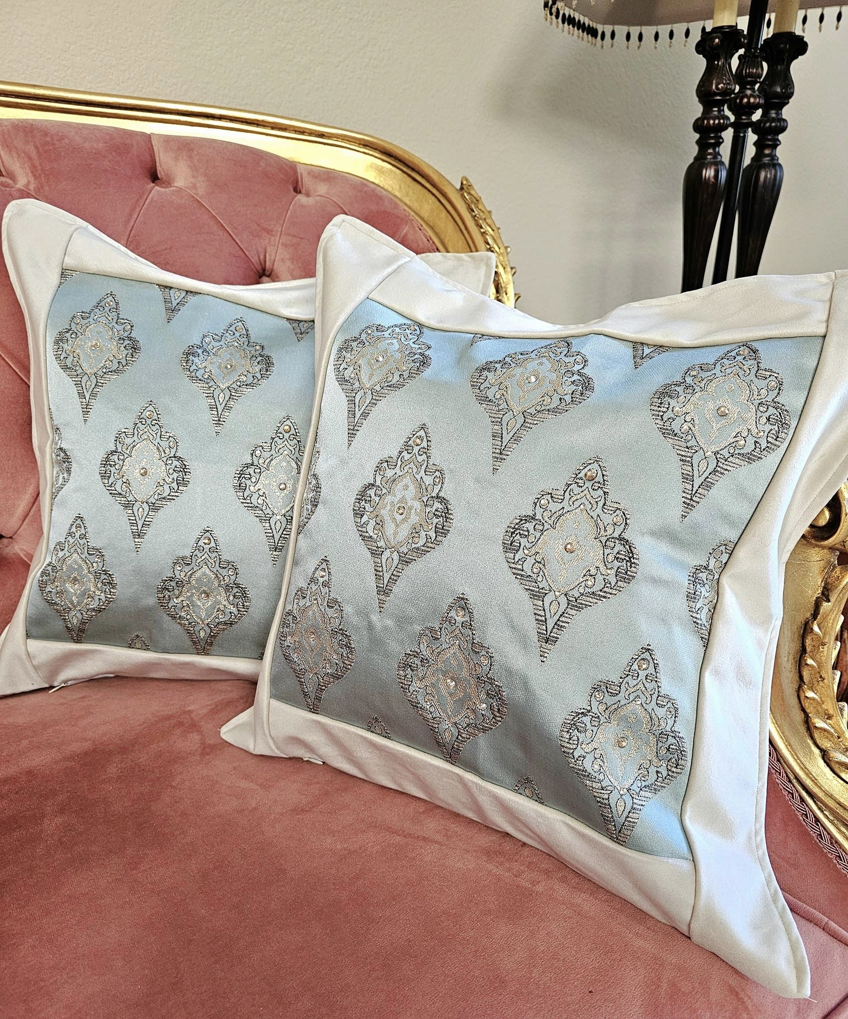 Light Turquoise & Beige Of Two Pcs Fancy Cushion Covers