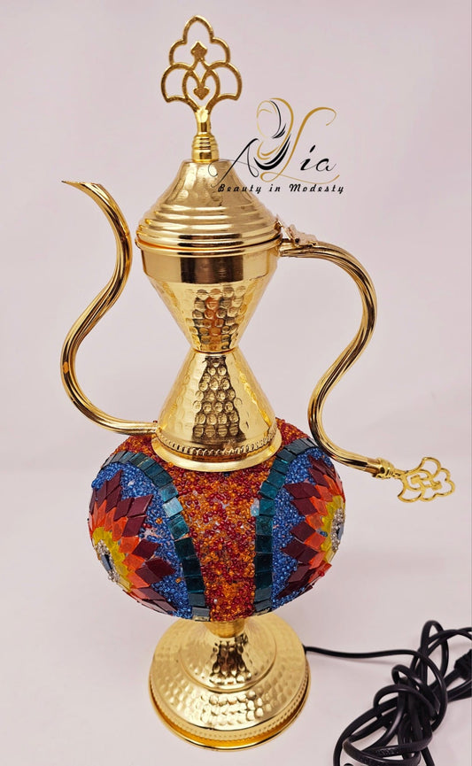 Antique Mosaic Vintage Lamp, Golden, Orange& Navy Blue, 17"