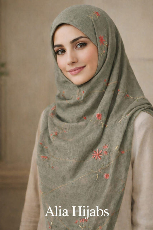Olive Green/Coral/Gold Cotton Shawl 5417