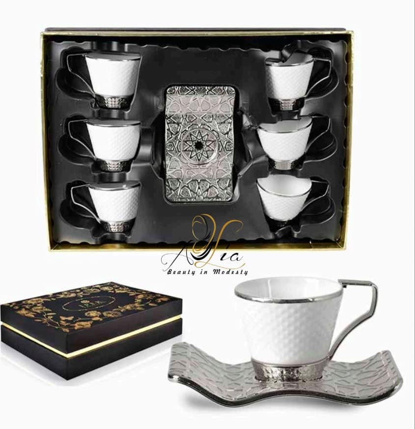 White-Gold Fancy Greek/Turkish Coffee Cups Set of 6 – Alia Hijabs