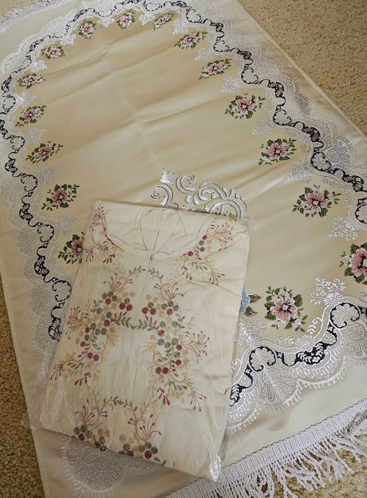 Set of Prayer Dress (Isdal) & Rug - Cream Dress & Yellow Cream/Beige Rug