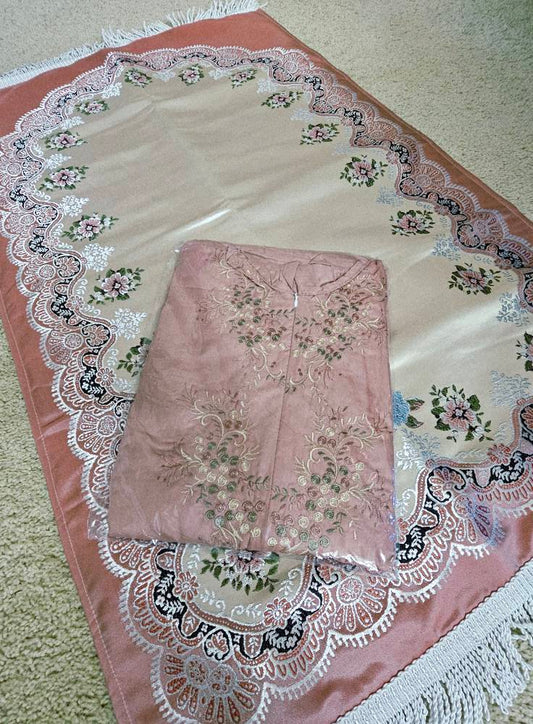 Set of Prayer Dress (Isdal) & Rug - Rouge Dress & Dark Coral/Beige Rug