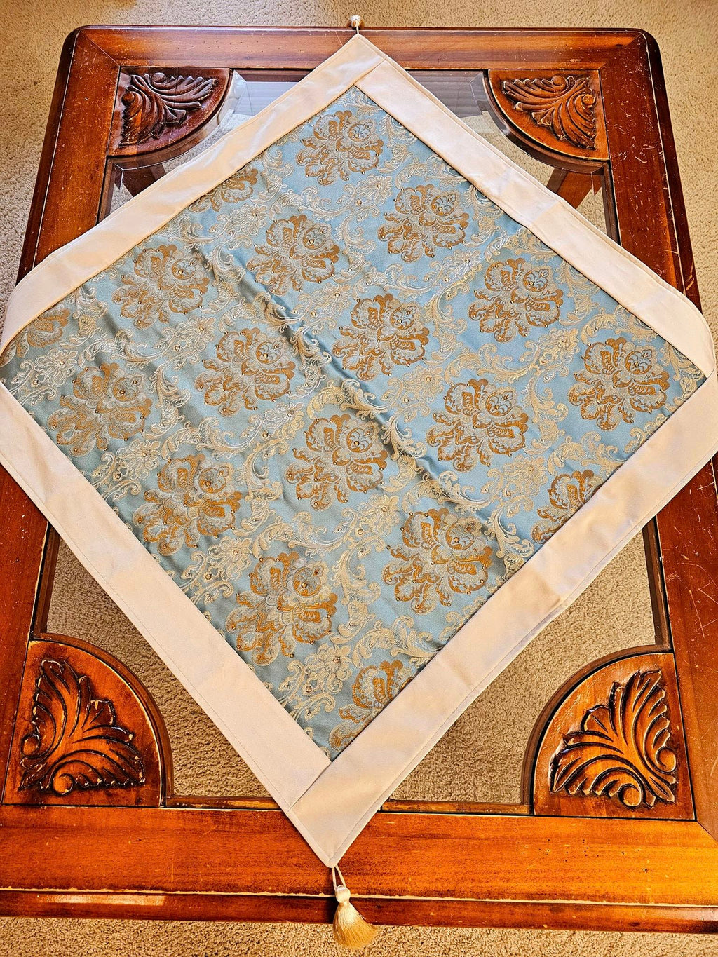 Square Fancy Tablecloth Of Dark Turquoise & Light Beige
