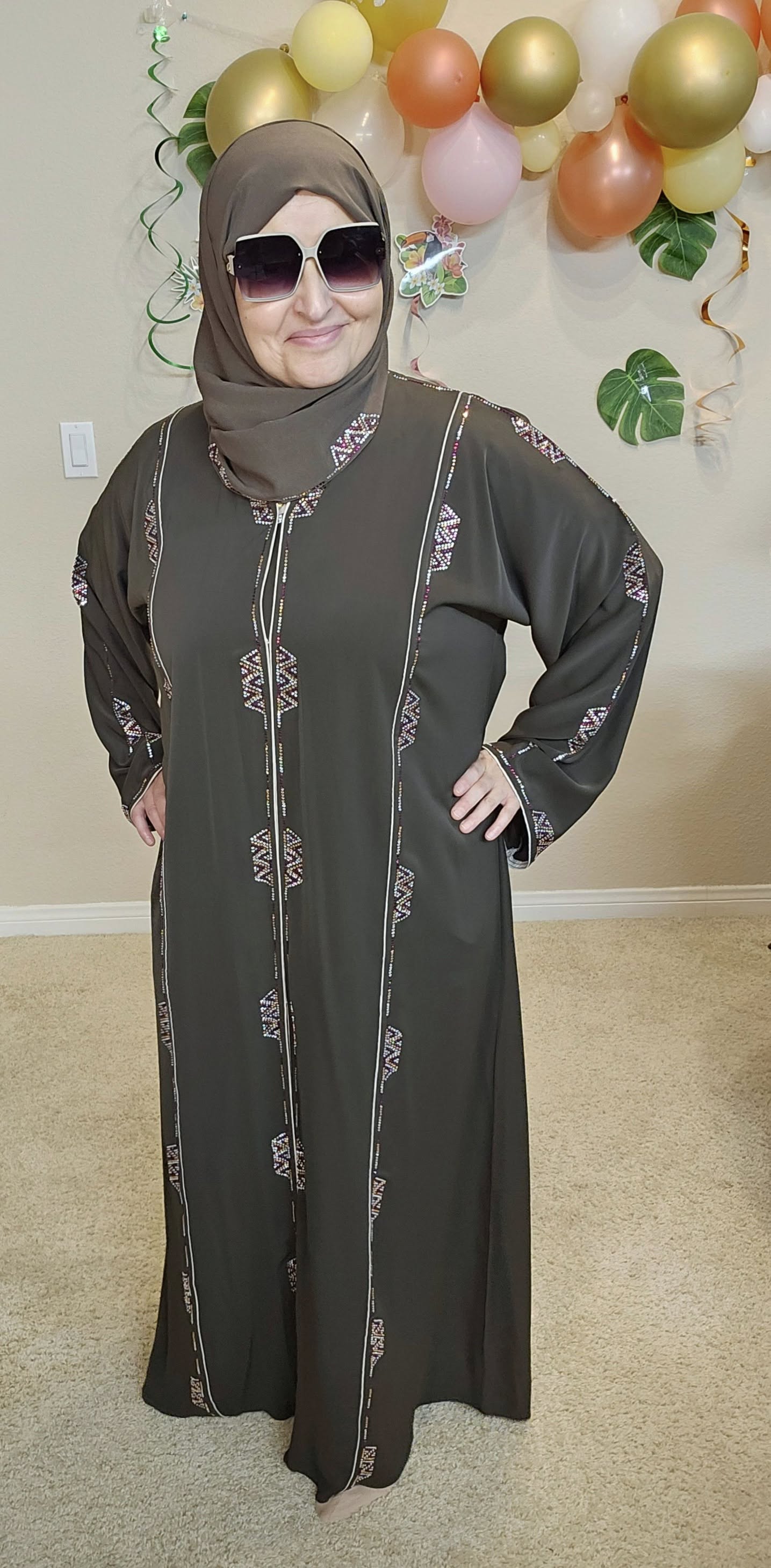 Dark Green With Crystals Abaya With Shawl #6751