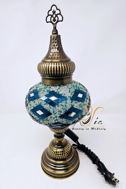 Antique Mosaic Vintage Lamp, Sapphire Blue & Green, 15"