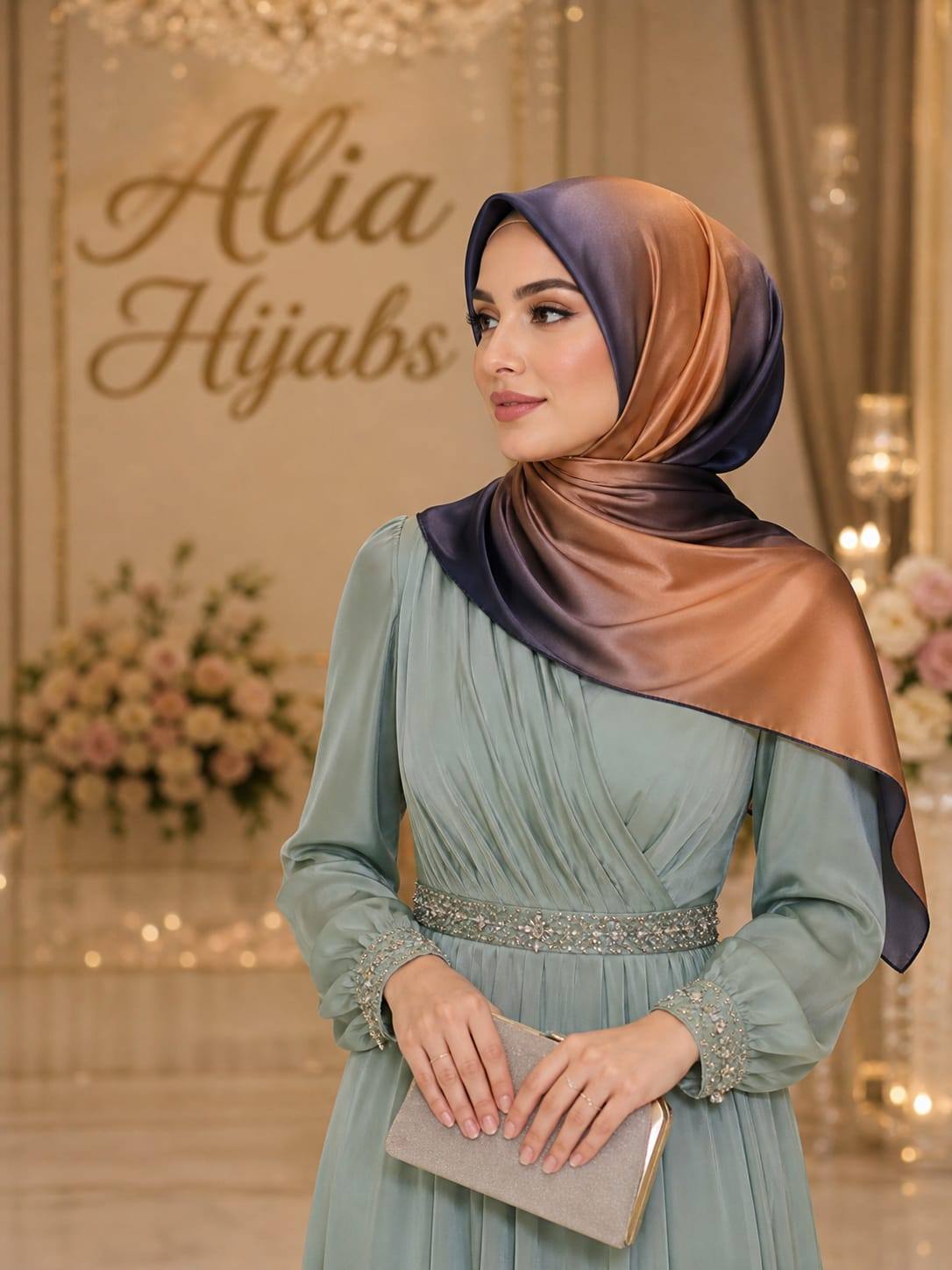 Navy Blue & Light Salmon Soft Satin Shawl