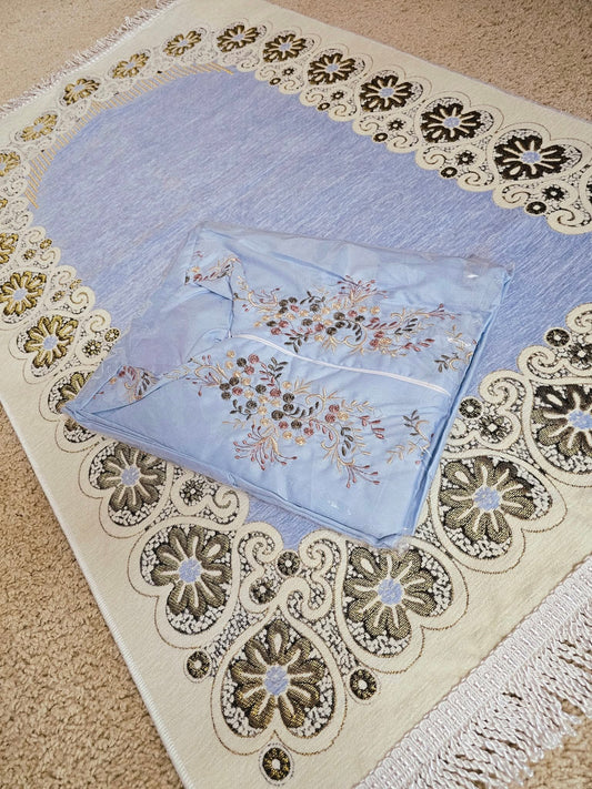 Set of Prayer Dress (Isdal) & Rug - Blue Dress & Blue/ Light Beige Rug