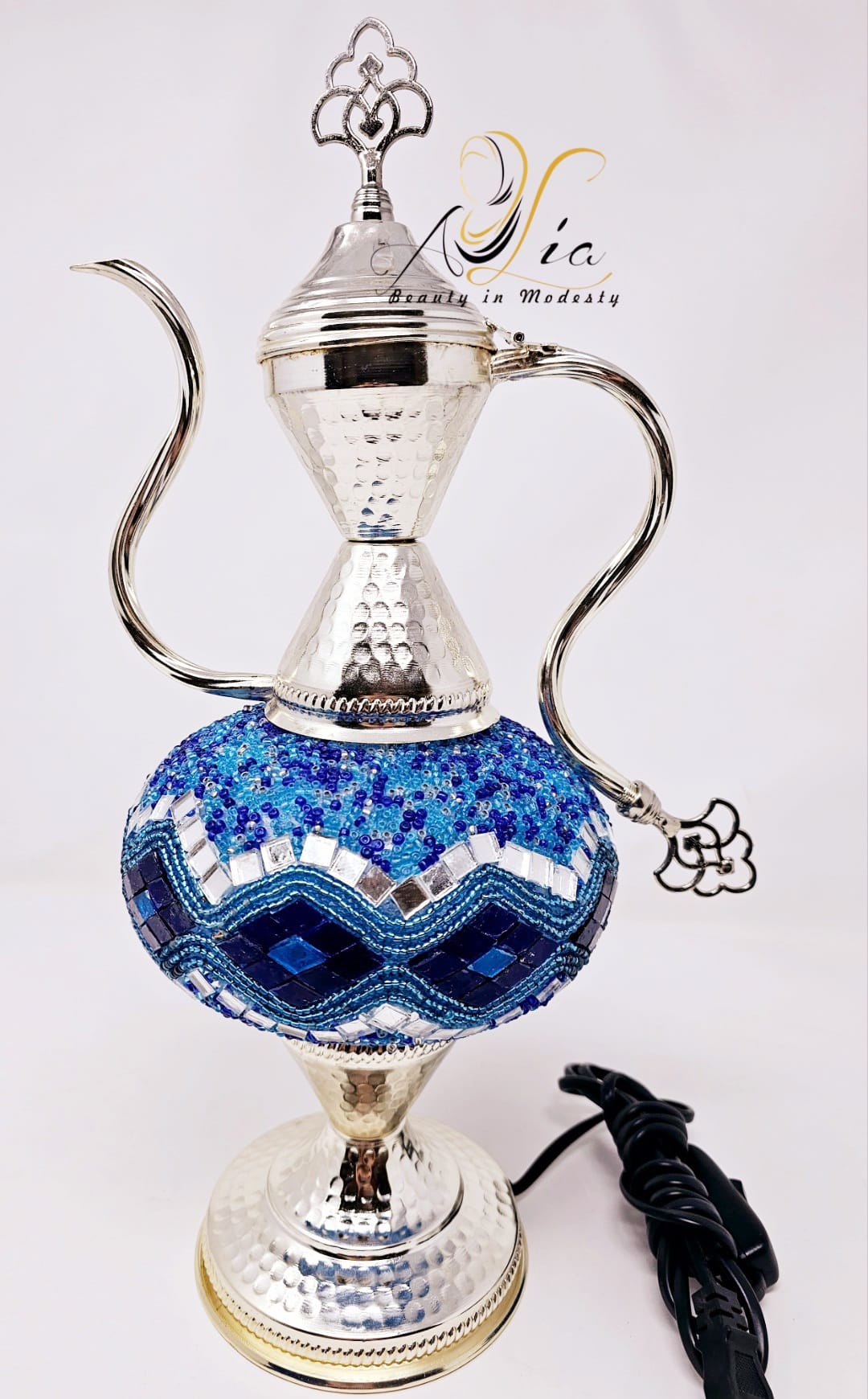 Antique Mosaic Vintage Lamp, Silver & Navy Blue, 17"