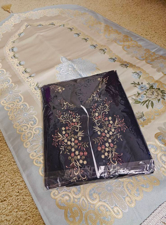 Set of Prayer Dress (Isdal) & Rug - Navy Blue Dress & Blue/Beige Rug