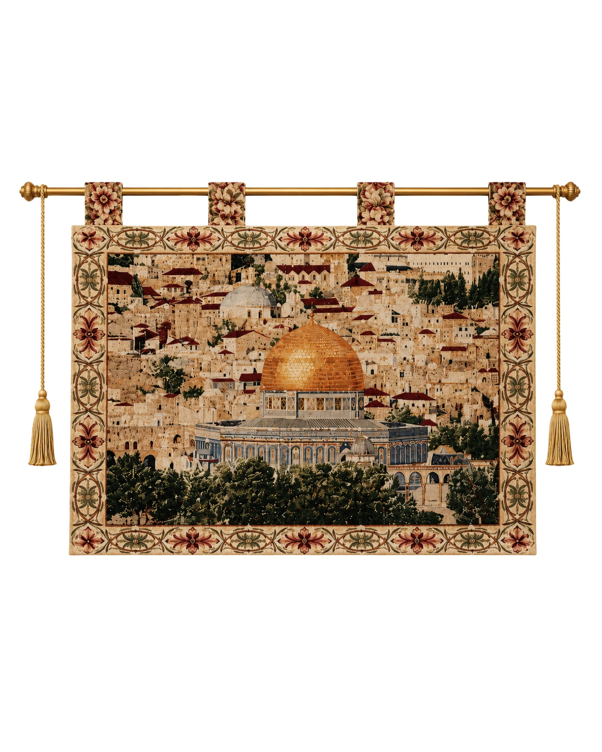 Al Aqsa Mosque woven tapestry wall hanging featuring the golden Dome of the Rock and detailed Jerusalem cityscape design, displayed with decorative rod and tassels on a clean white background.