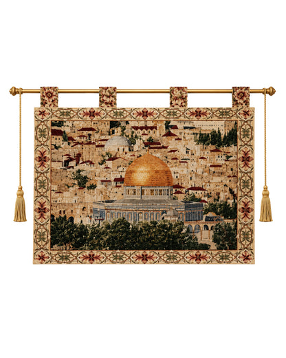 Al Aqsa Mosque woven tapestry wall hanging featuring the golden Dome of the Rock and detailed Jerusalem cityscape design, displayed with decorative rod and tassels on a clean white background.