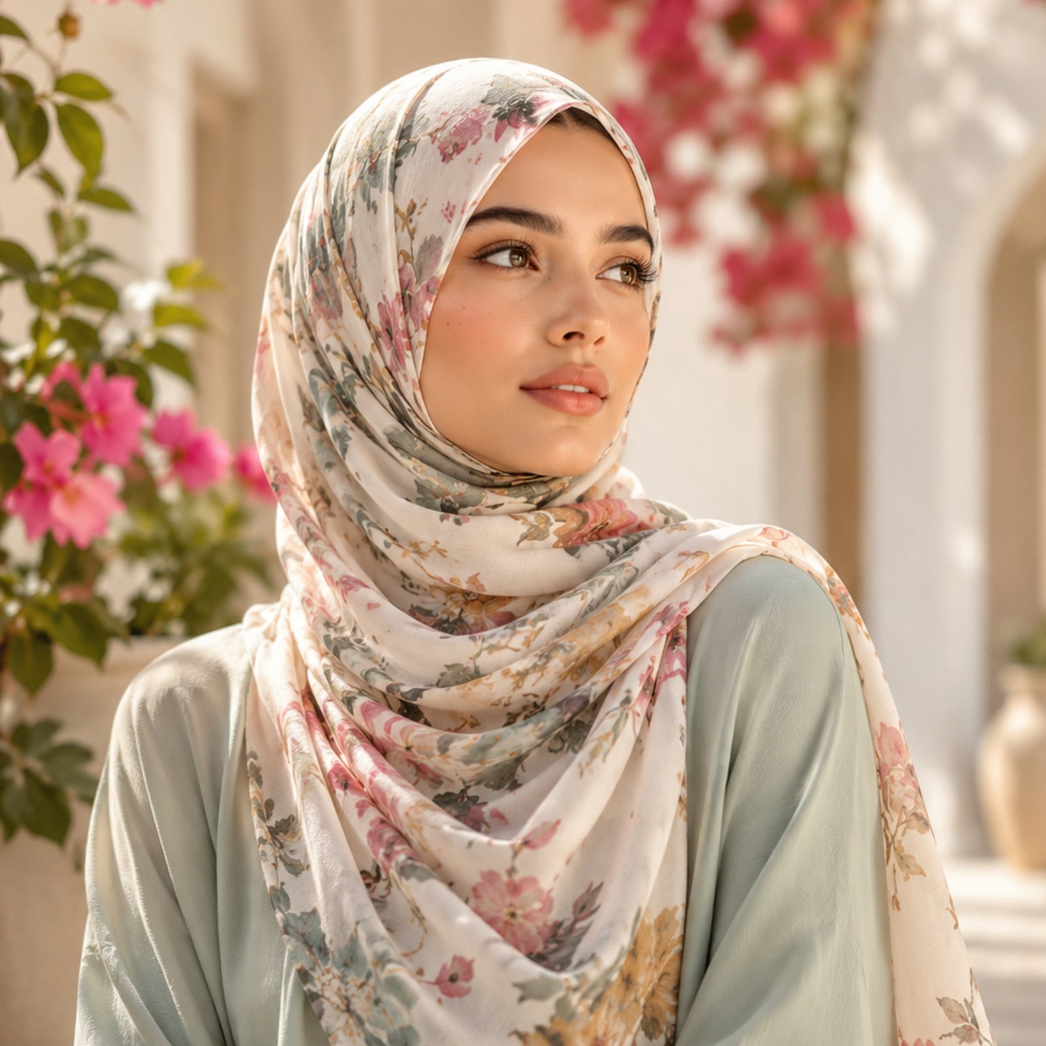 Soft floral chiffon hijab in pastel colors styled in a bright garden setting with elegant modest fashion.
