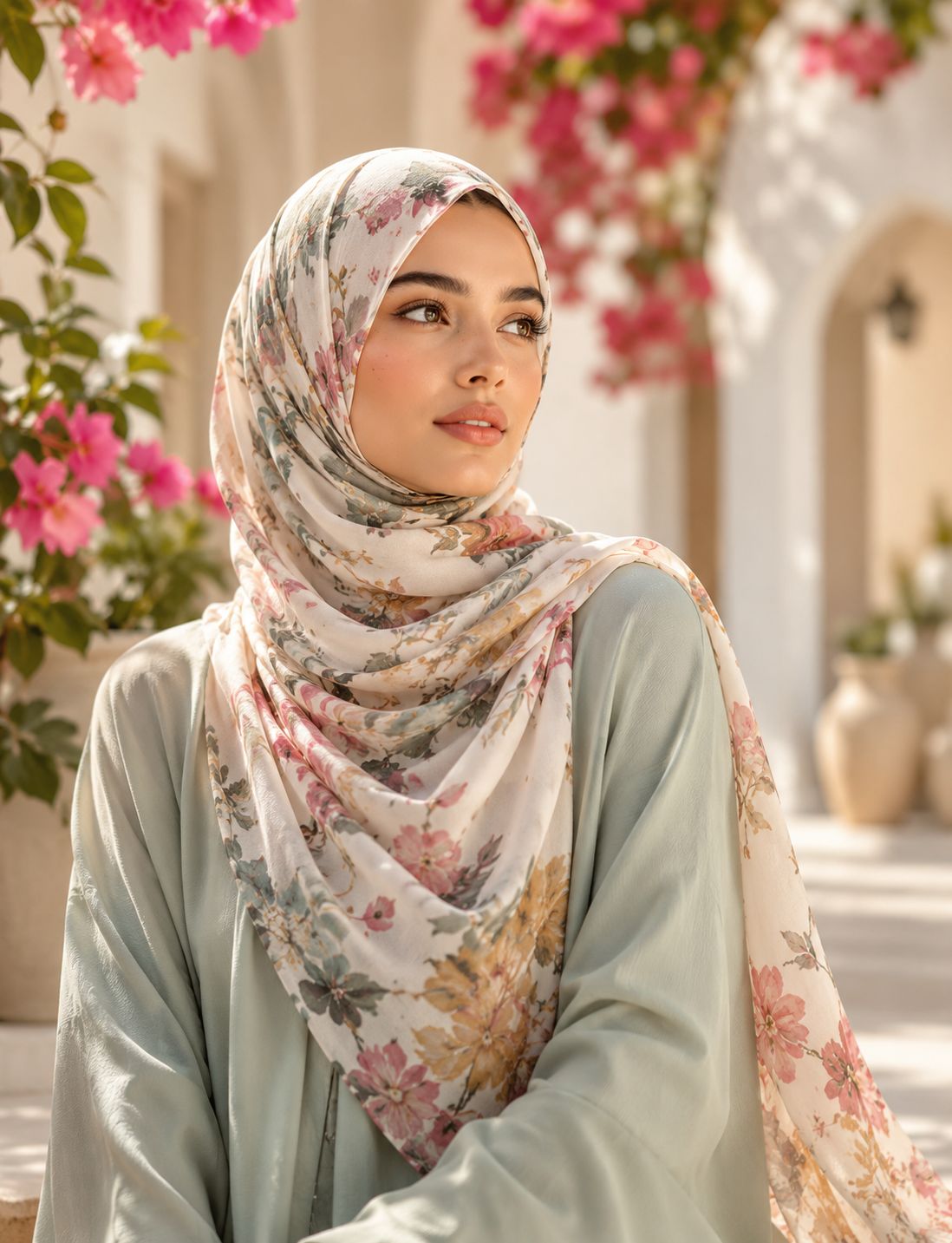 Soft floral chiffon hijab in pastel colors styled in a bright garden setting with elegant modest fashion.