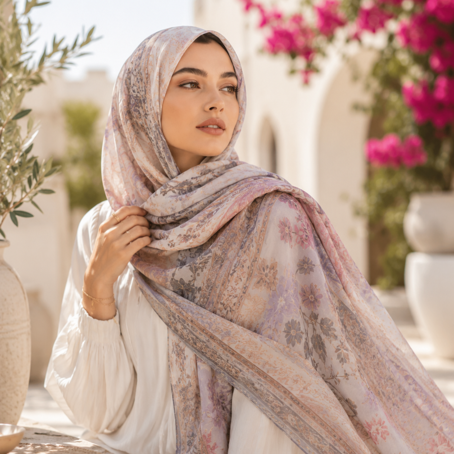 Lightweight floral shawl draped elegantly over the shoulders in a warm summer courtyard surrounded by blooming flowers.