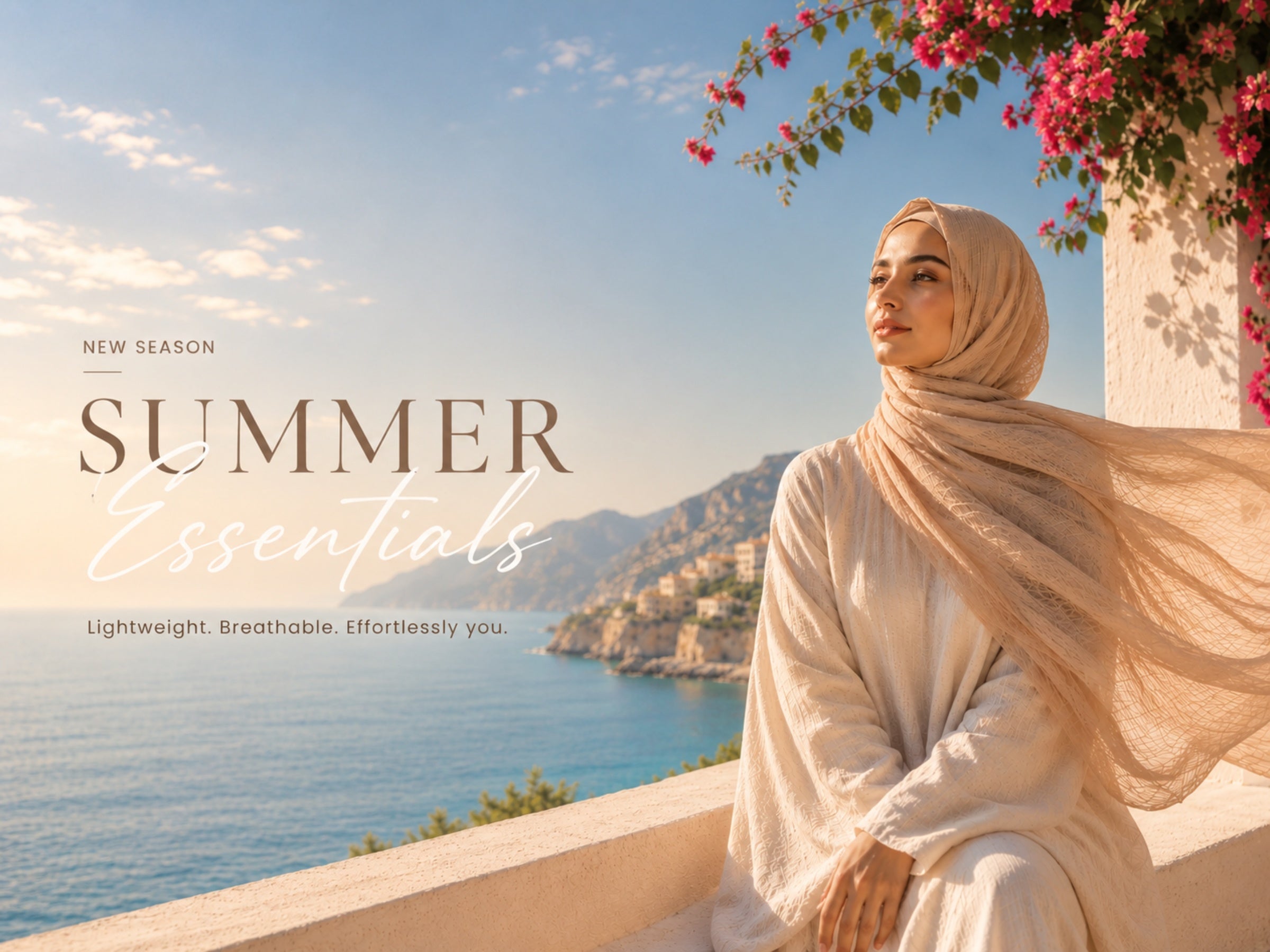 Summer Essentials lightweight hijab collection featuring a breathable beige hijab overlooking a Mediterranean coastal resort.