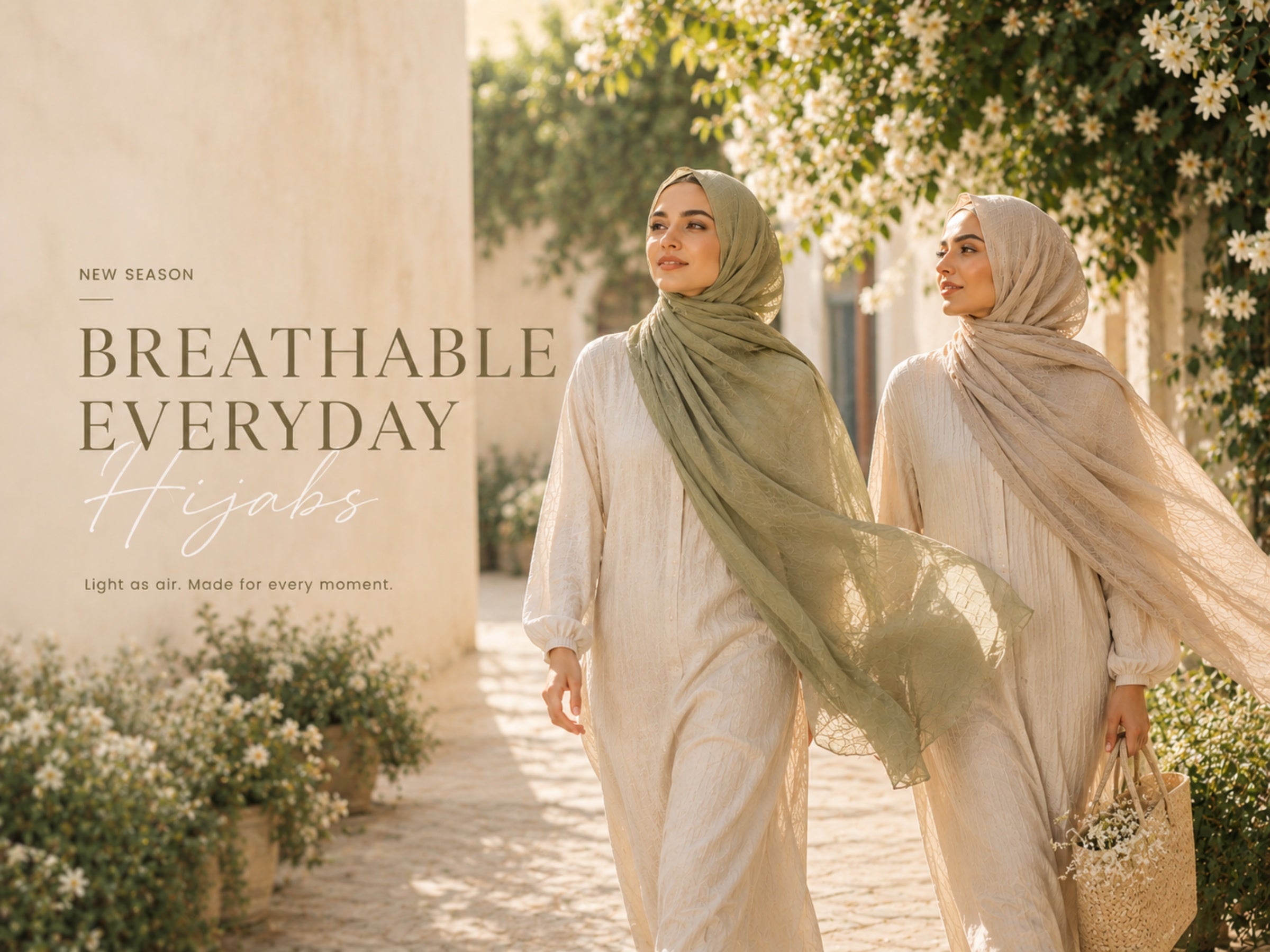 Breathable Everyday Hijabs collection featuring lightweight modest fashion in a sunlit floral garden setting.