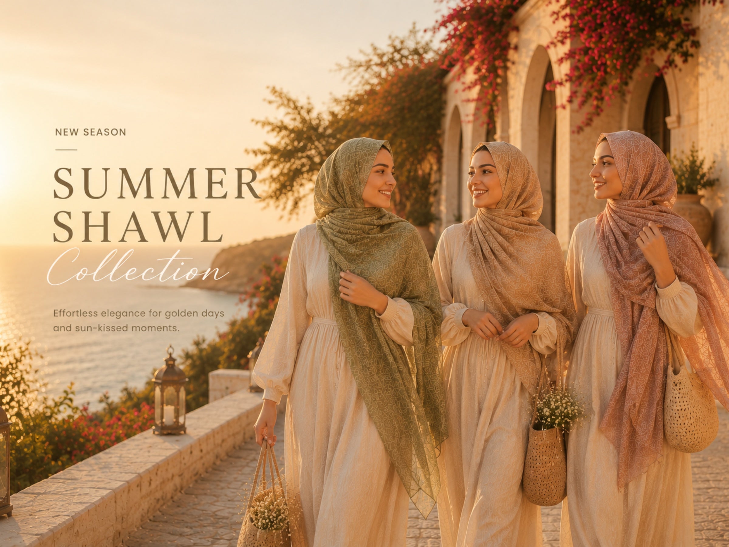 Summer Shawl Collection featuring elegant lightweight shawls in neutral tones at a luxury Mediterranean resort during golden hour.