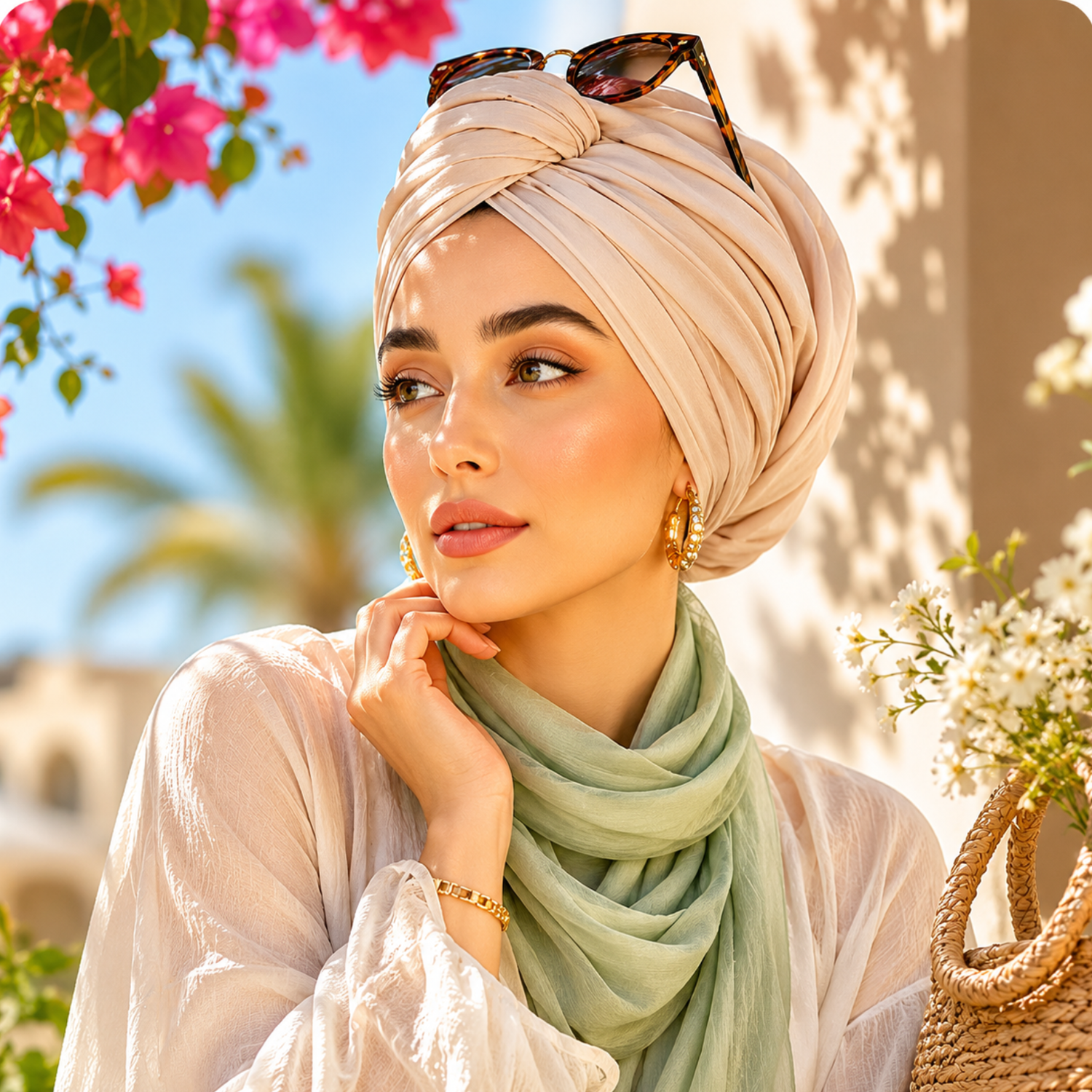 Elegant beige summer turban styled with a soft sage scarf in a sunlit Mediterranean garden setting.